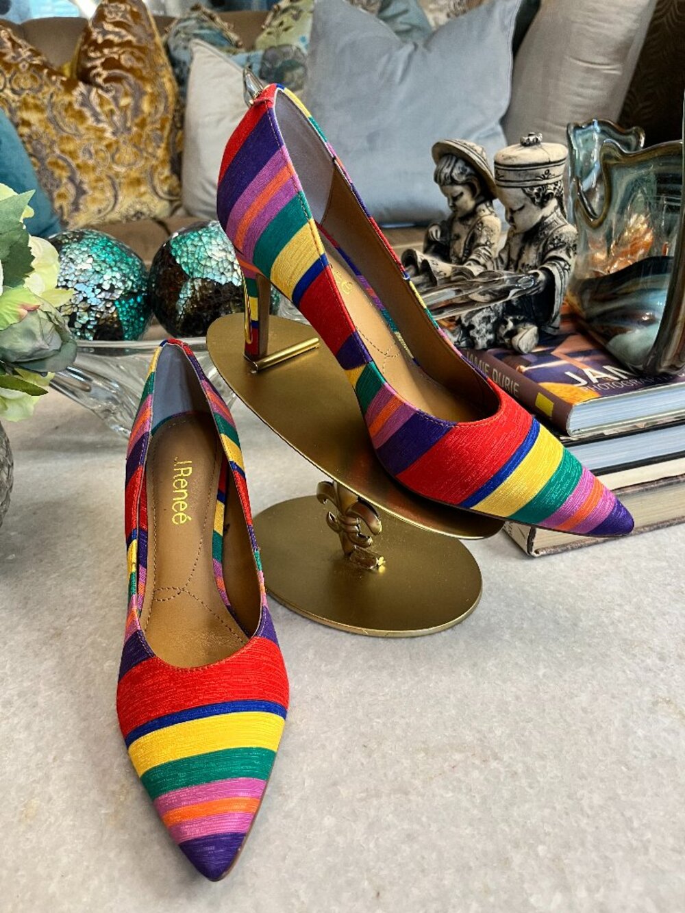 J. Renee Phoebie multicolor rainbow striped fabric heels